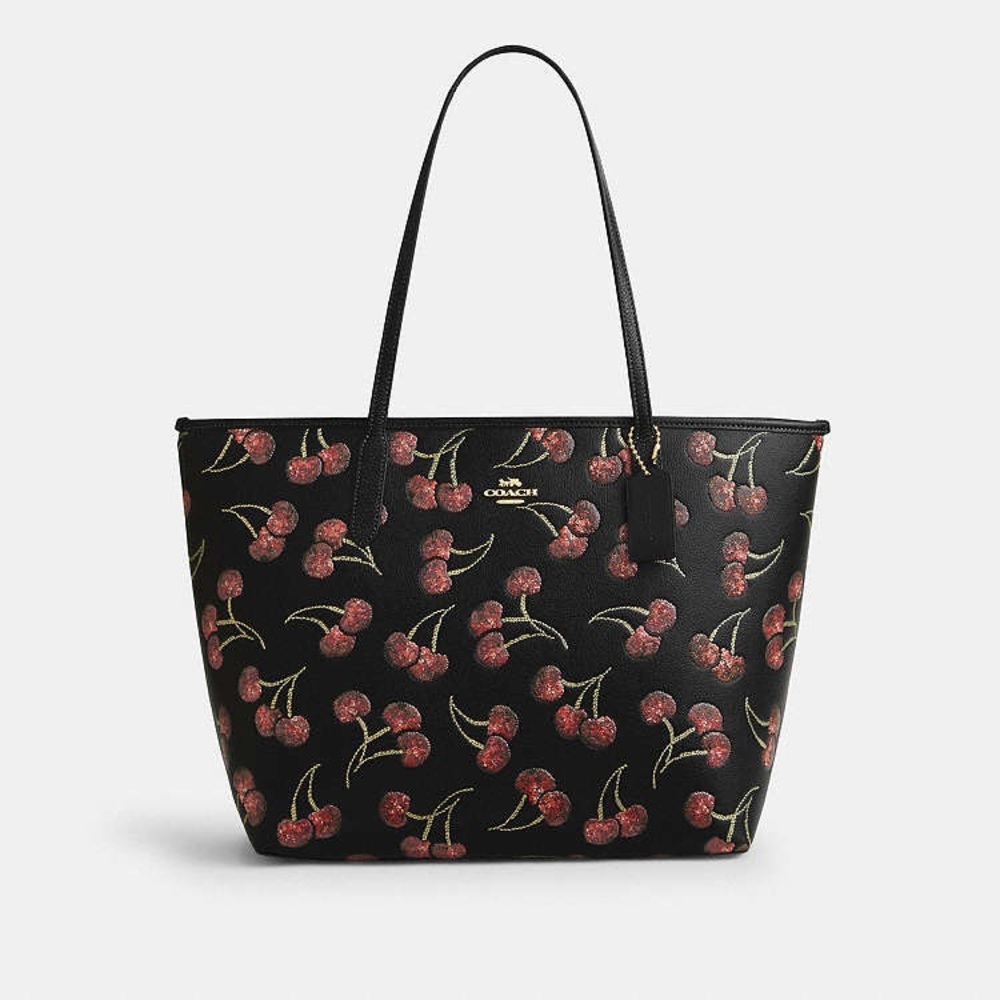 NWT Coach City Tote Bag With Cherry Print In Leather in Black Multi CCZ18